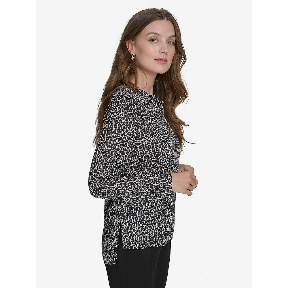 Plus Leopard-Print H-Monogram Quarter-Zip Top