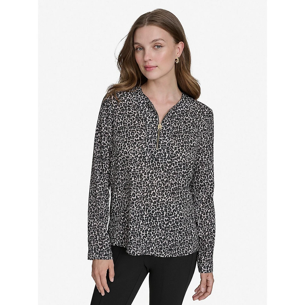 Plus Leopard-Print H-Monogram Quarter-Zip Top