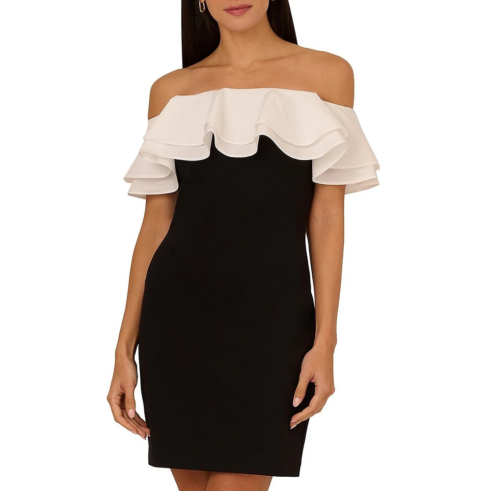 Ruffled Off-Shoulder Crepe Mini Sheath Dress