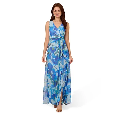 Floral Knotted Surplice Drape Maxi Dress