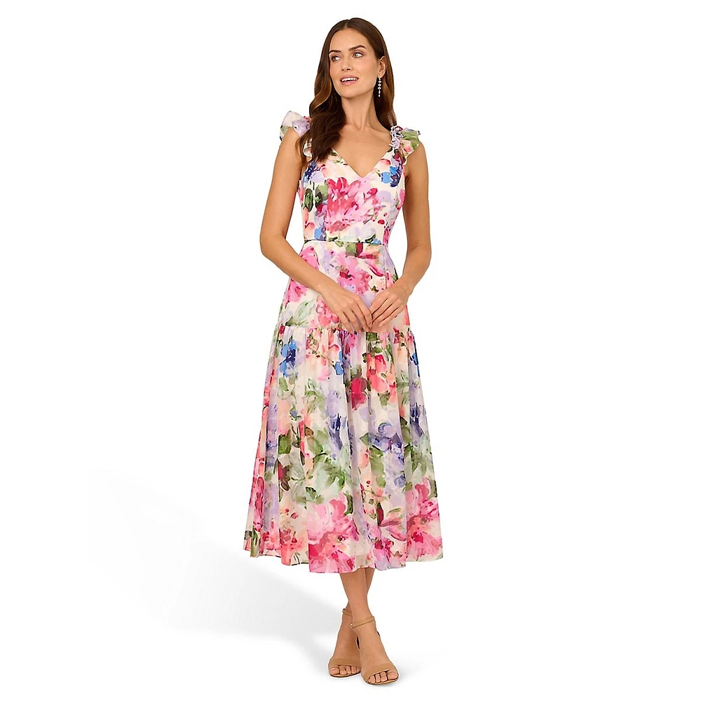 Robe mi-longue à col en V et imprimé floral