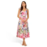 Robe mi-longue à col en V et imprimé floral