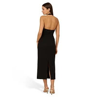 Belt-Detail Plunging Halter Midi Sheath Dress