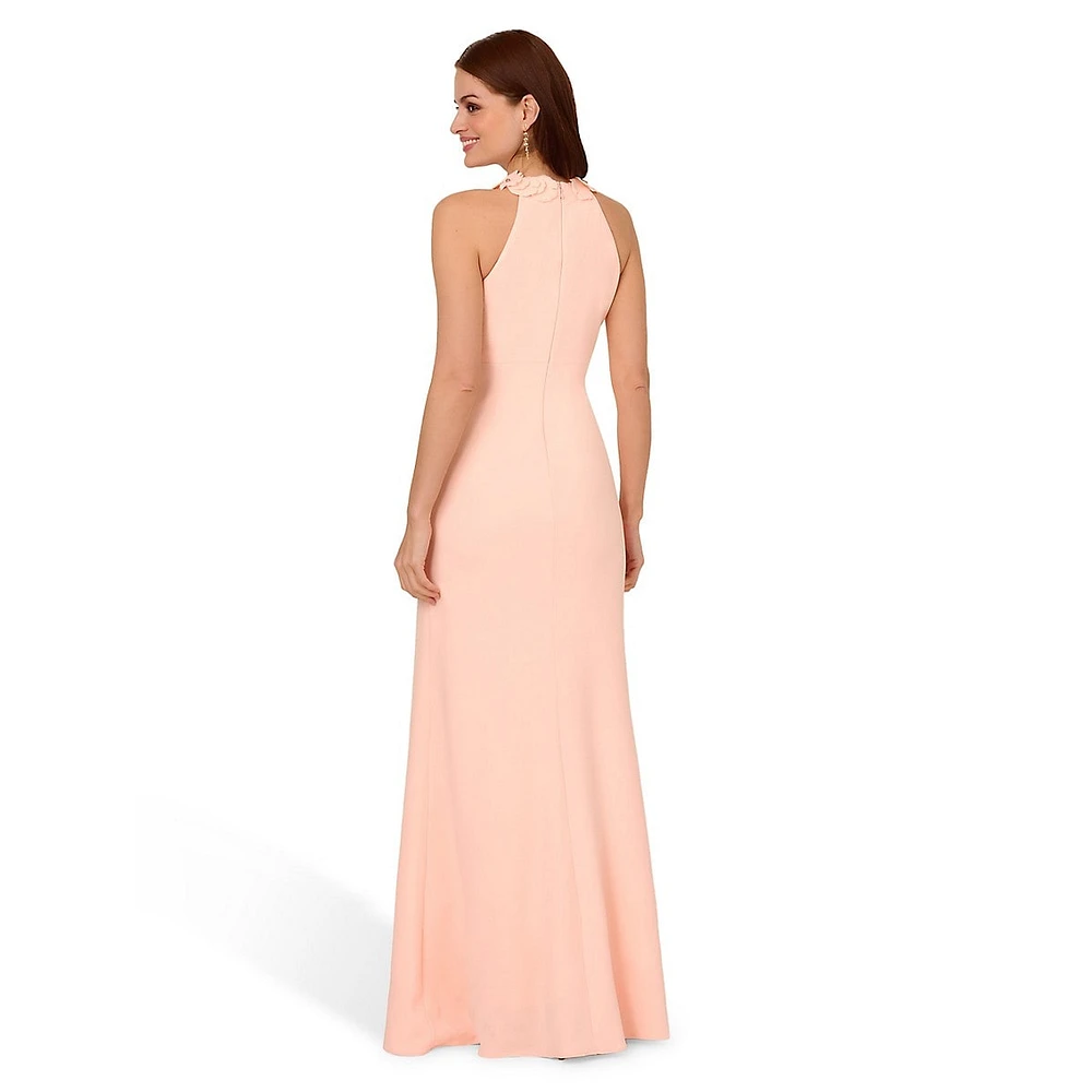 Rosette-Trim Crepe Halter Mermaid Gown