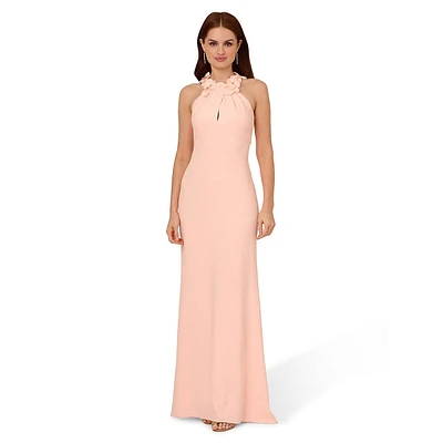 Rosette-Trim Crepe Halter Mermaid Gown