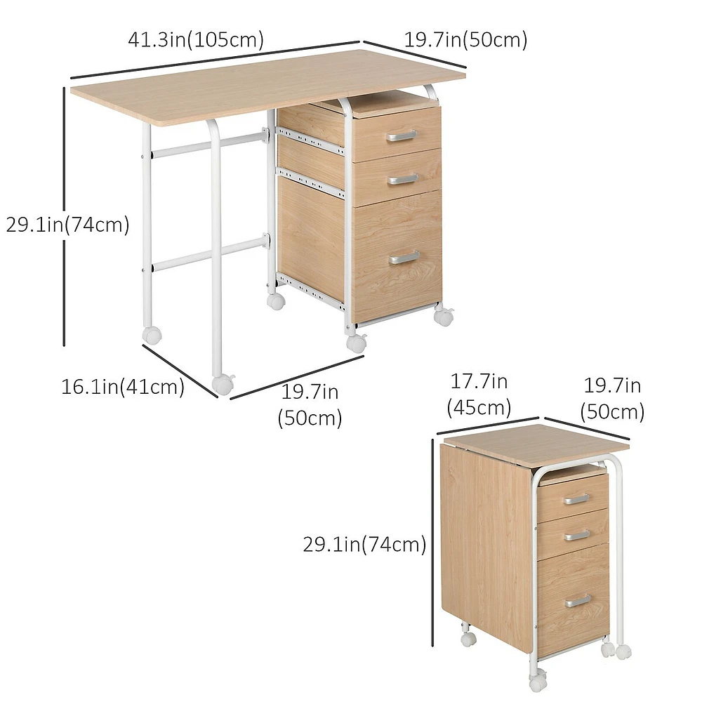 Foldable Computer Desk With Drawers & 6 Wheels