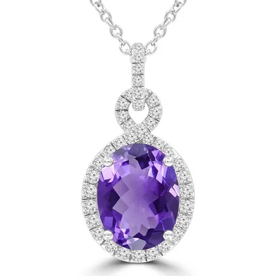 1.78 Ct Oval Purple Amethyst Halo Pendant Necklace 14k White Gold