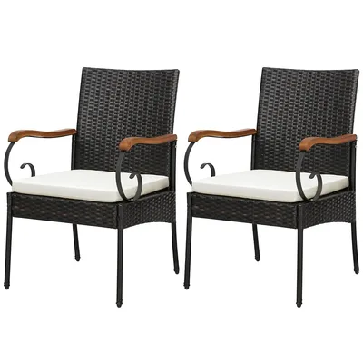 Patio Pe Wicker Chairs Acacia Wood Armrests With Soft Zippered Cushion Garden