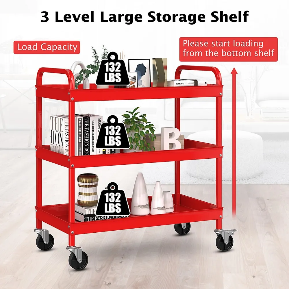 Costway 3-tier Metal Utility Cart 400 Lbs Storage Service Trolley Tool  Storage Red : Target