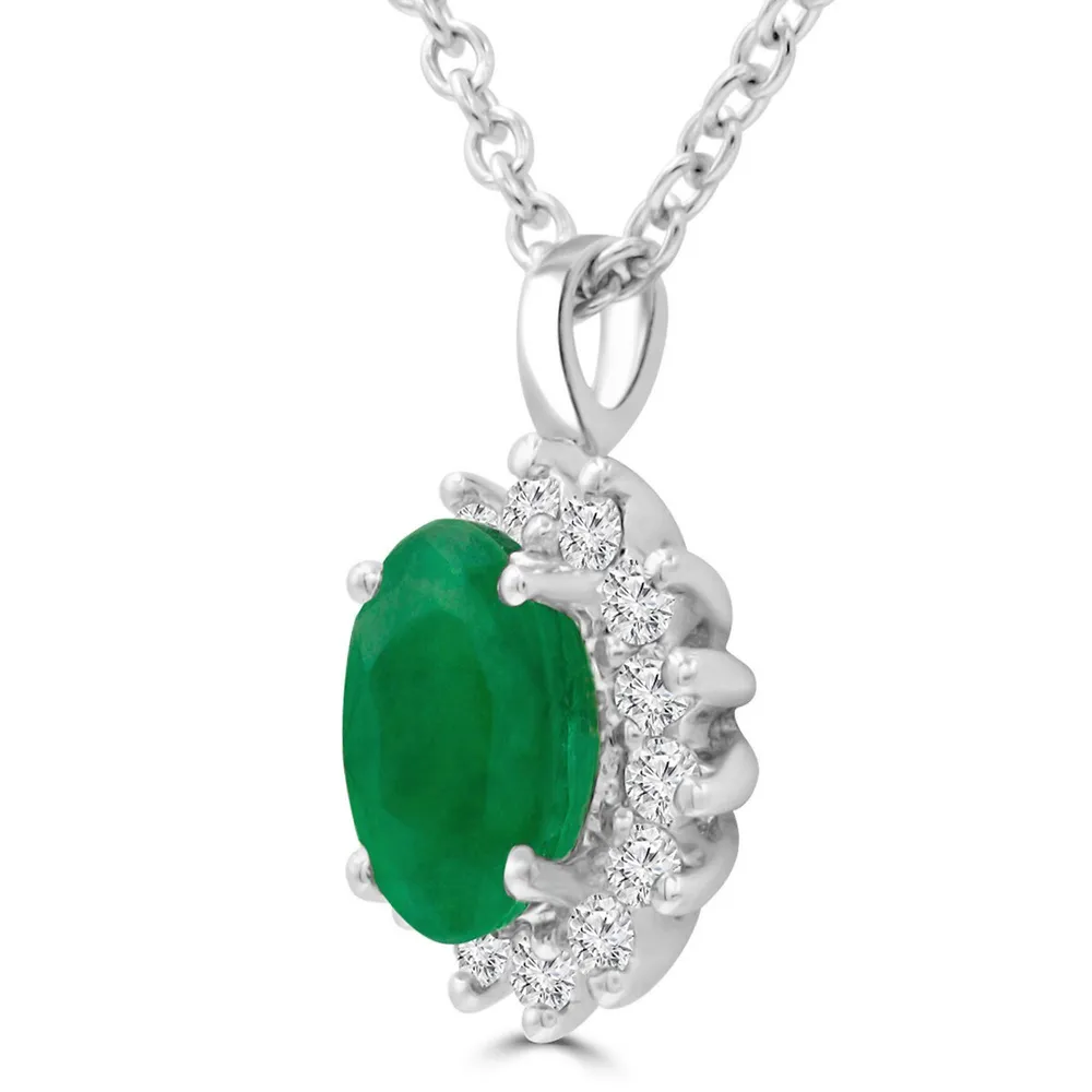 0.59 Ct Oval Green Emerald Halo Pendant Necklace 14k White Gold
