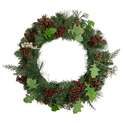 Decorated Natural Pine And Berry Artificial Christmas Wreath, 24-inch, Unlit