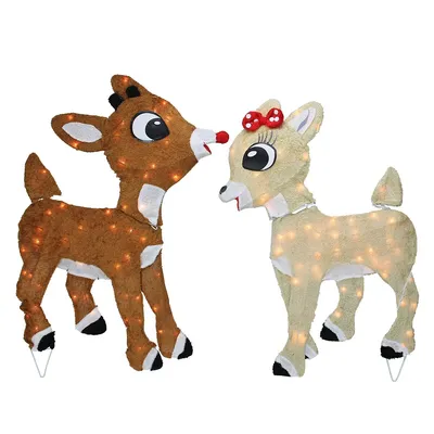 Set Of 2 Lighted Rudolph And Clarice Outdoor Christmas Decorations, 32"