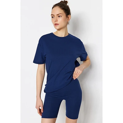 Women Plain Medium Knitted T-shirt-tight Pajama Set