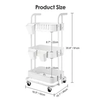 3-tier Folding Metal Rolling Utility Cart, Heavy Duty Trolley Cart Storage Shelf With 3 Hanging Cups And 6 Hooks