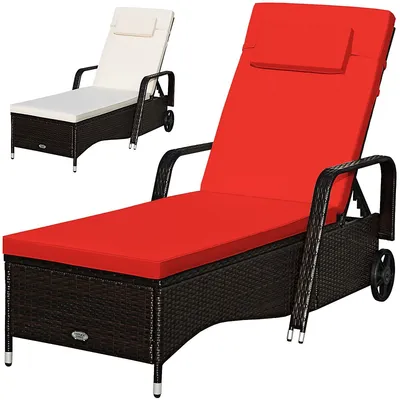 Patio Rattan Lounge Chair Chaise Recliner Adjust Cushion Red & Off White Cover