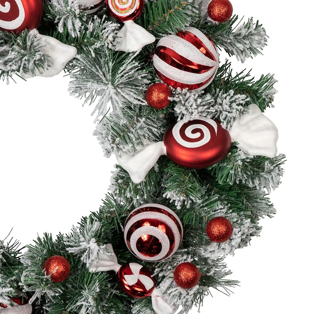 Frosted Pine Artificial Christmas Wreath With Swirled Candy Ornaments, 24-inch