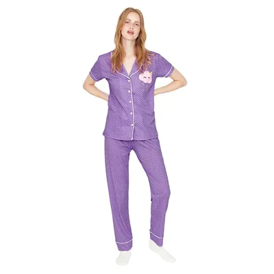 Women Plain Medium Knitted Shirt-trousers Pajama Set