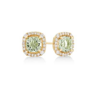 Halo Stud Earrings With Green Amethyst & 0.32 Carat Tw Of Diamonds In 10kt Yellow Gold