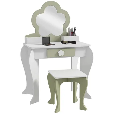 Kids Vanity Table With Mirror And Stool Flower Design White