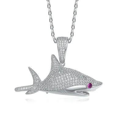 Sterling Silver White Gold Plating With Clear Cubic Zirconia Ice Out Shark Pendant Necklace