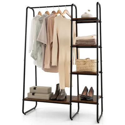 Clothes Rack Portable Closet Storage Organizer 5-tier Wood Shelves & Hanging Rod