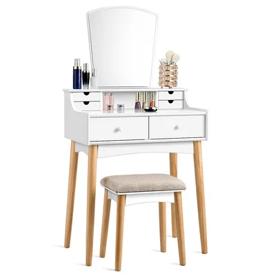 Costway Vanity Table Set W/mirror & 6 Drawer Dressing Table Cushioned Stool Makeup Table