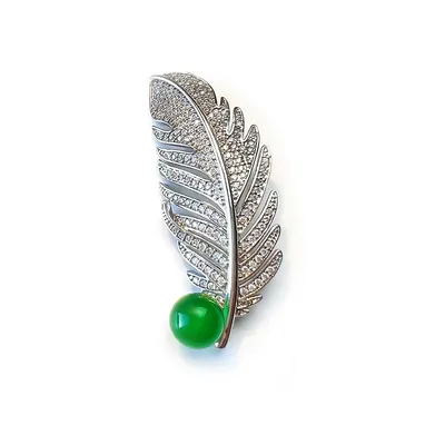 Green Chalcedony Jade And Crystal Feather Brooch