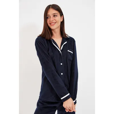 Women Plain Piping Detailed Middle Knit Shirt-trousers Pajama Set