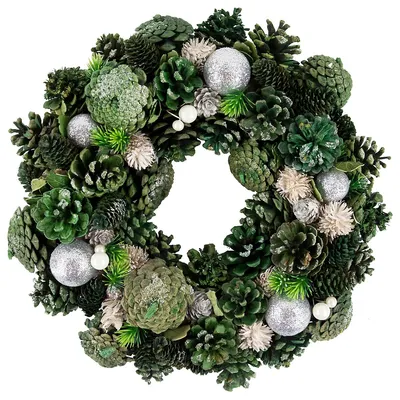 Green Pinecone And Foliage Artificial Christmas Wreath, 14-inch, Unlit
