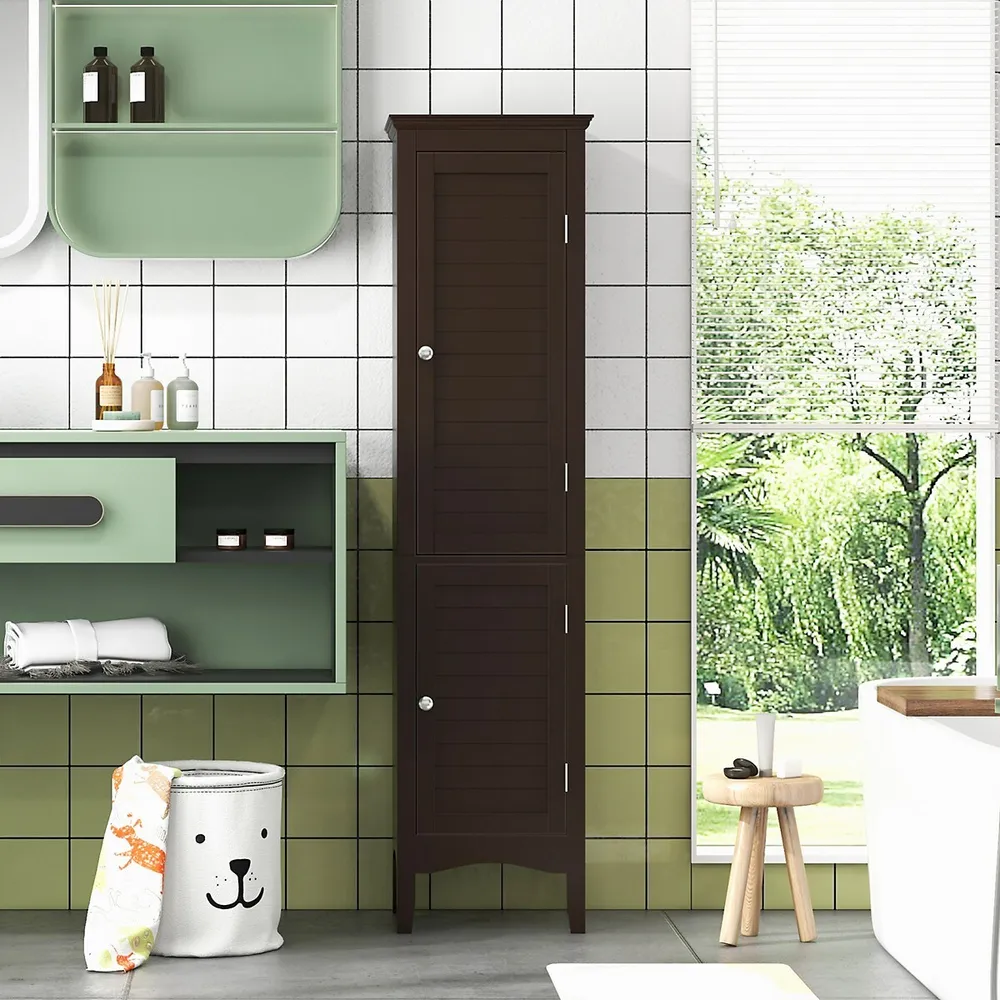 Costway Tall Bathroom Floor Cabinet Narrow Linen Tower with 2