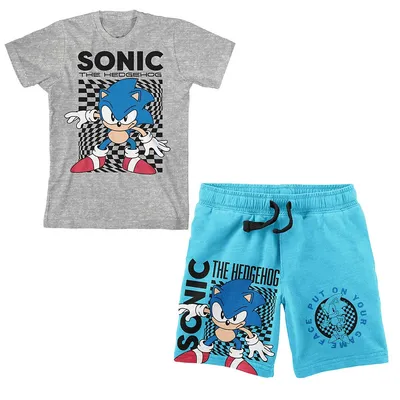 Sega Sonic The Hedgehog Checkered Kids Heather Gray T-shirt & Shorts Set