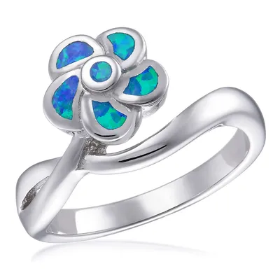 Sterling Silver With Flower Opal Blue Ring