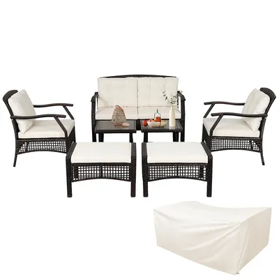 7pcs Patio Rattan Furniture Set Cushioned Sofas Loveseat Yard W/waterproof Cover