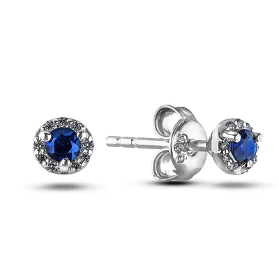 925 Sterling Silver 0.30 Cttw Blue Sapphire & 0.10 Cttw Canadian Diamond Halo Style Stud Earrings