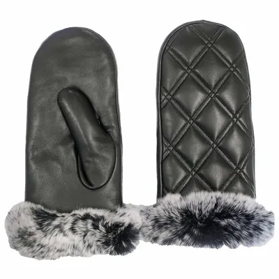Leather Mittens With Quilted Design And Faux Fur Cuff