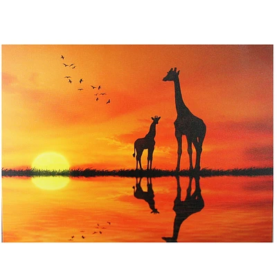 Safari Sunset Led Back Lit Giraffe And Baby Canvas Wall Art 11.75" X 15.75"