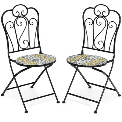 2pcs Patio Folding Mosaic Bistro Chairs Flower Pattern Seat Garden Deck