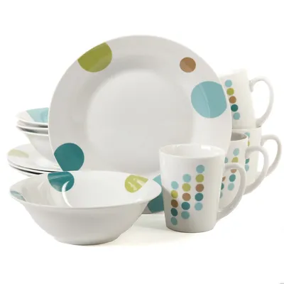 Retro Specks 12 Piece Fine Ceramic Dinnerware Set With Retro Blue Dots Decal