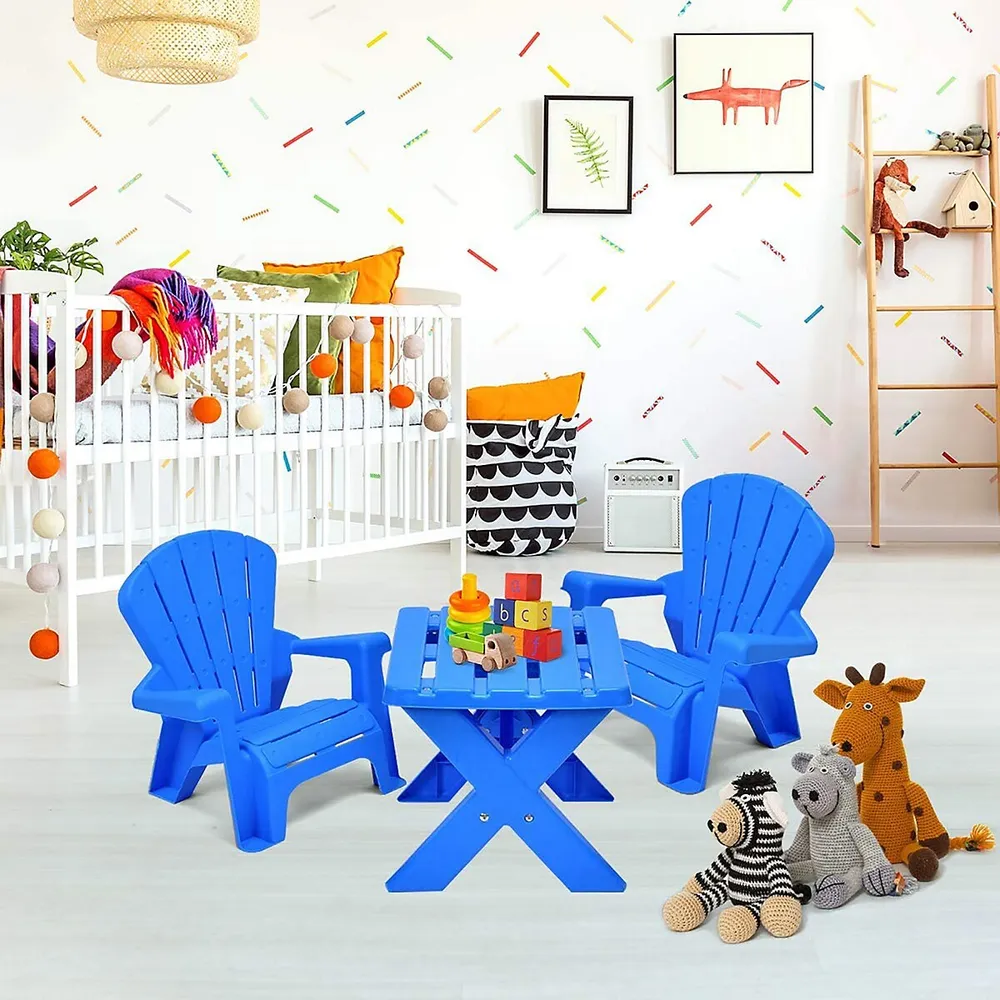 Plastic Children Kids Table & Chair Set 3pcs Play Furniture Outdoor Blue