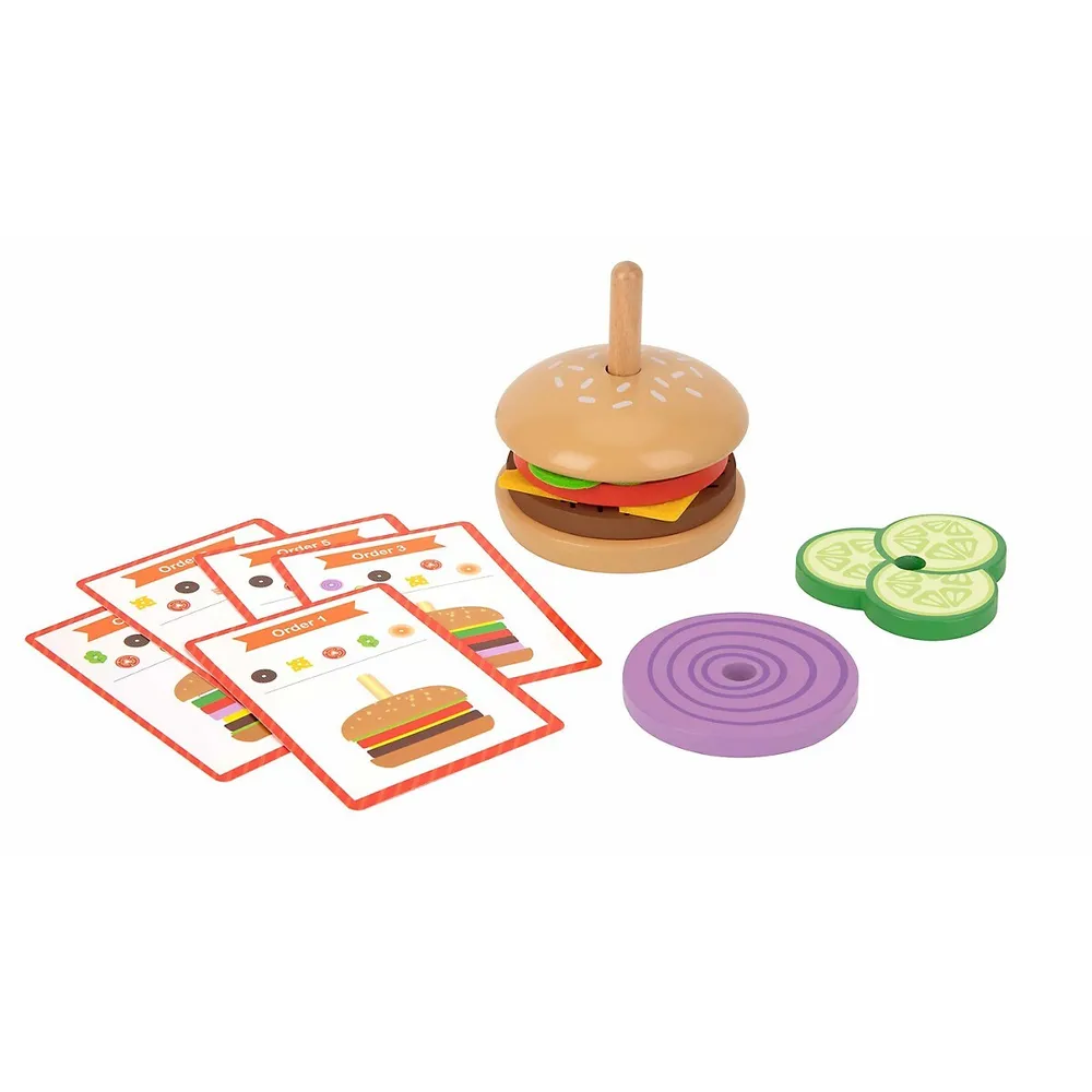 Wooden Hamburger Stacking Toy - 15pcs - Play Food Burger Stacker With Order Cards, 3+ Year Old