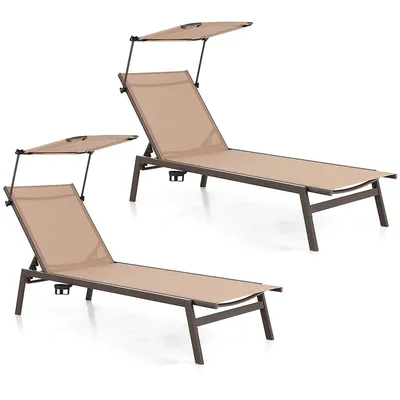 2 Pcs Outdoor Chaise Lounge Chair With Sunshade 6-level Adjustable Recliner