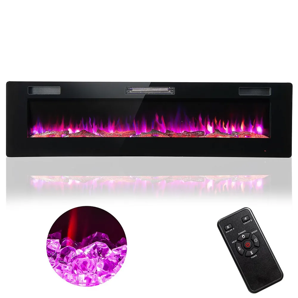 68" Ultra-thin Electric Fireplace Recessed Wall Mounted W/crystal Log Decoration