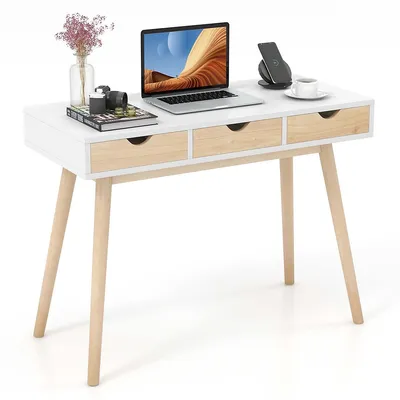 Computer Desk 40" Wooden Workstation Vanity Table With3 Drawers & Rubber Wood Legs