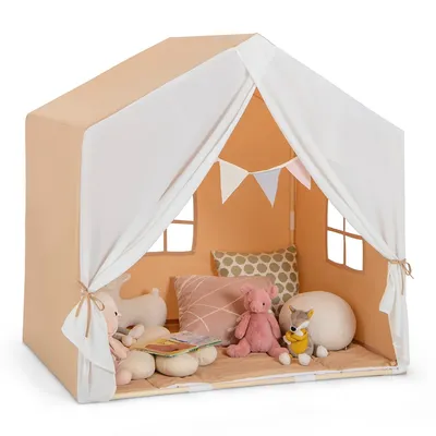 Kid's Play Tent Toddler Playhouse Castle Solid Wood Frame With Washable Mat