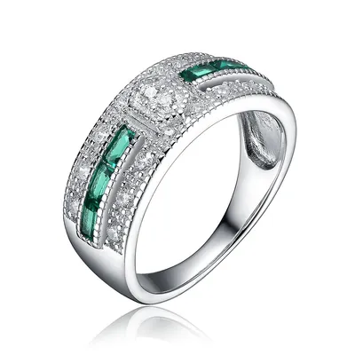 Sterling Silver White Gold Plating With Emerald Cubic Zirconia Pave Cocktail Ring
