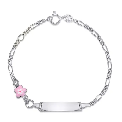 Sterling Silver 925 Id Bracelet Girls Flower Figaro Chain Enamel 6.5"