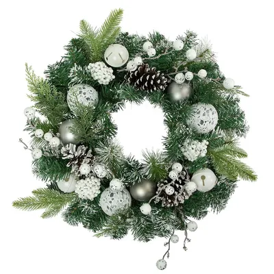 Green Pine Frosted Artificial Christmas Wreath With Laced Ornaments, 24-inch, Unlit
