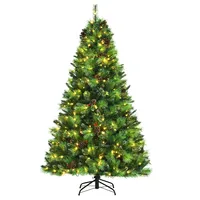 Costway 7ft Pre-lit Hinged Artificial Christmas Tree W/pine Cones & Red Berries