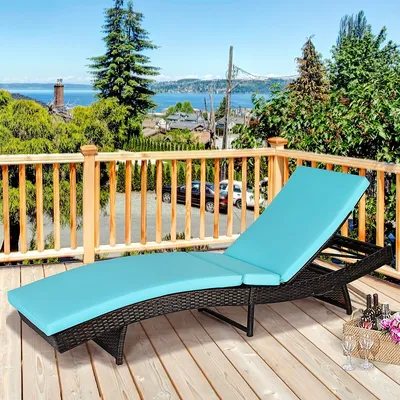 Patio Rattan Folding Lounge Chair Chaise Adjustable Turquoise Cushion