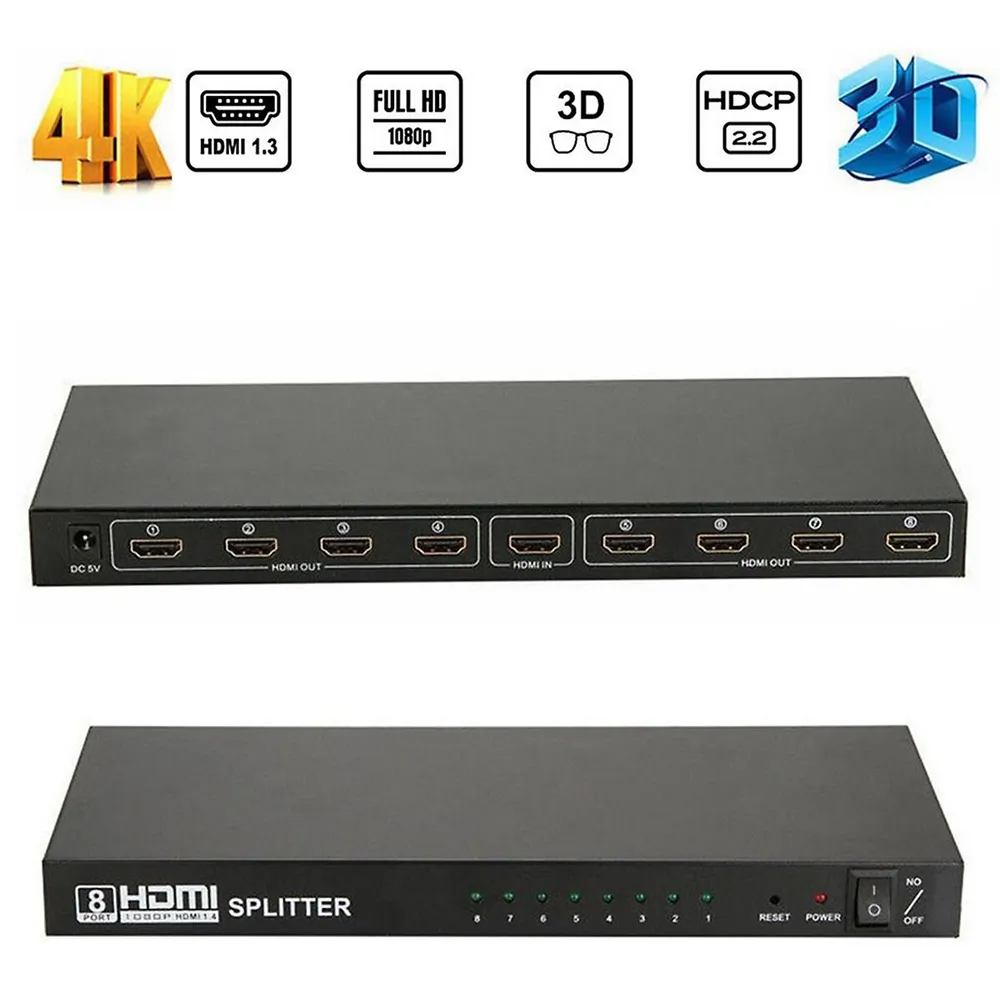 1X8 8 Port HDMI Splitter Switch 1 In 8 Out Repeater Amplifier Hub 3D 4K HD 1080P
